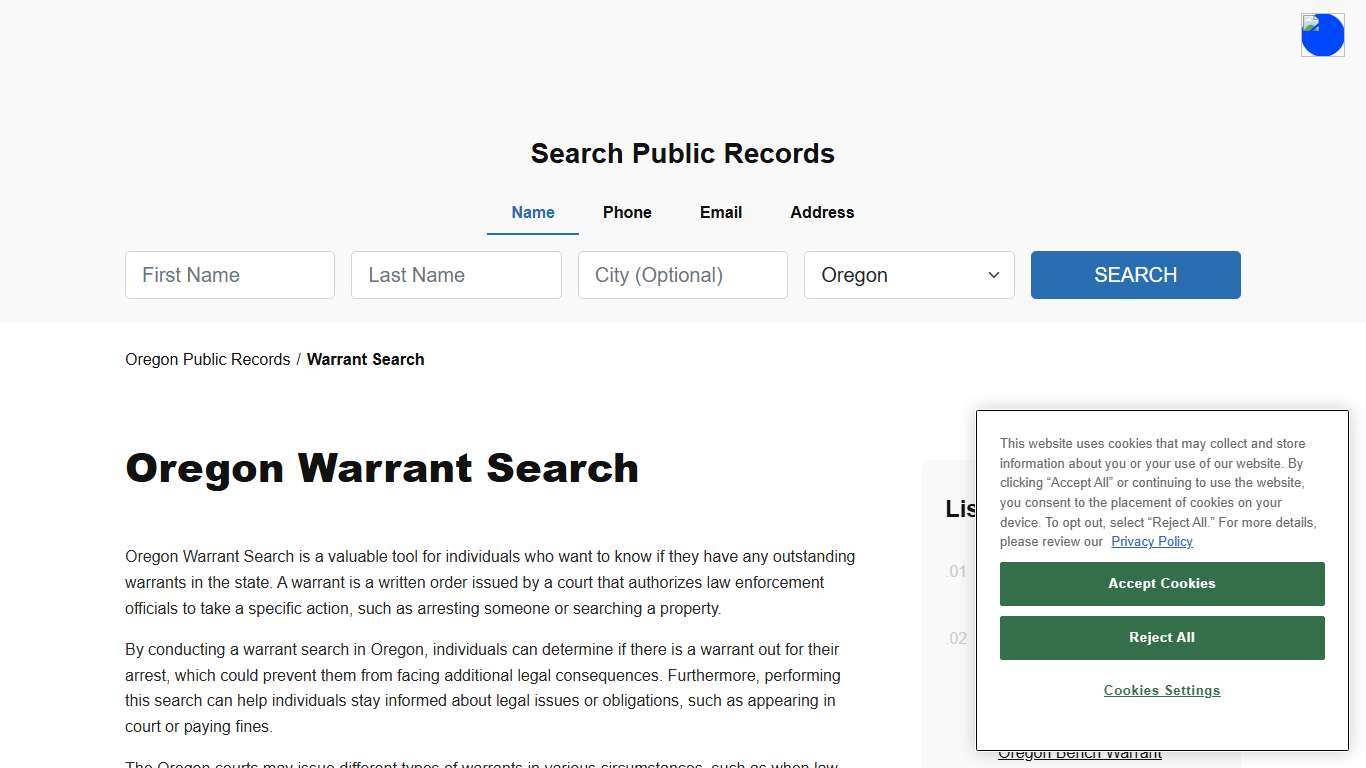 Oregon Warrant Search and Records